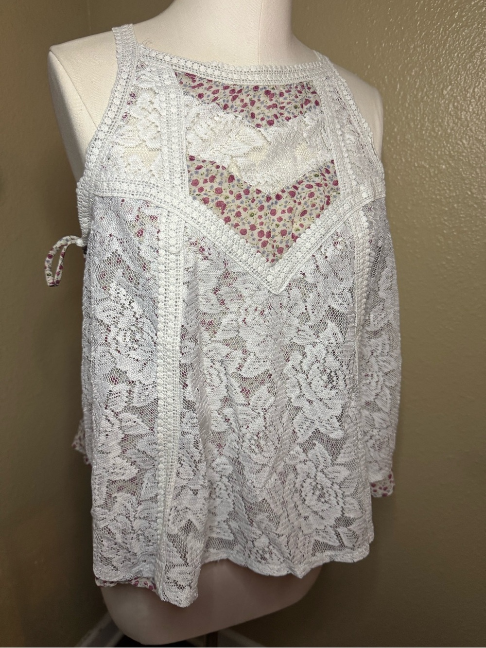 Maurices White Lace Camisole with Pink Floral Underlay